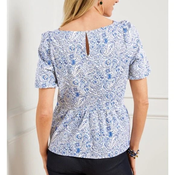 Blue Paisley V-Neck Peplum Top - Picture 2 of 7